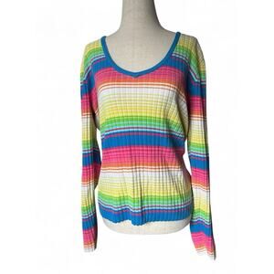Vintage Y2K Tommy Hilfiger Rainbow Striped V Neck Sweater Womens XL